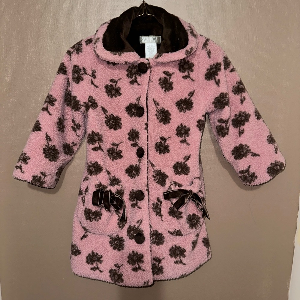Girls Boutique coat, dusty rose with brown flowers fleece w/ milky fleece lining